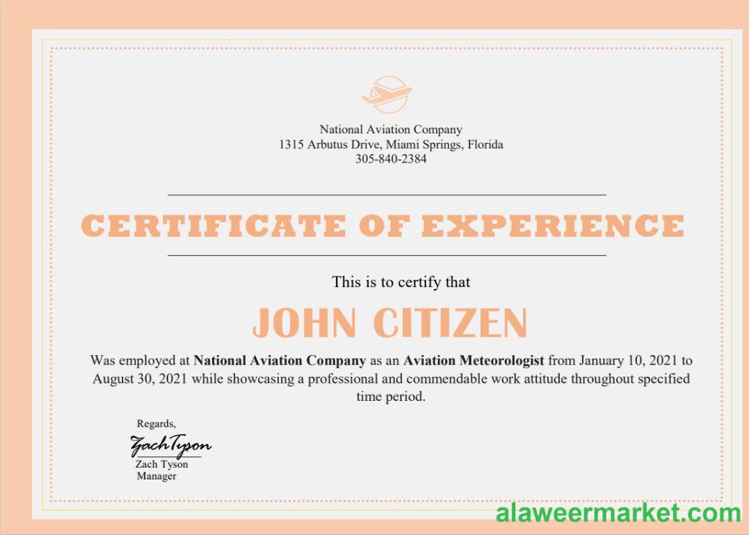 USA Company Experience Cert